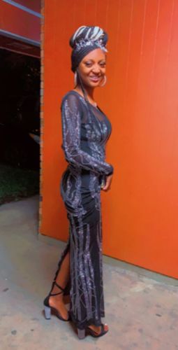 Customer photo review of Rhinestones Glamorous See-Through V Neck Maxi Dress