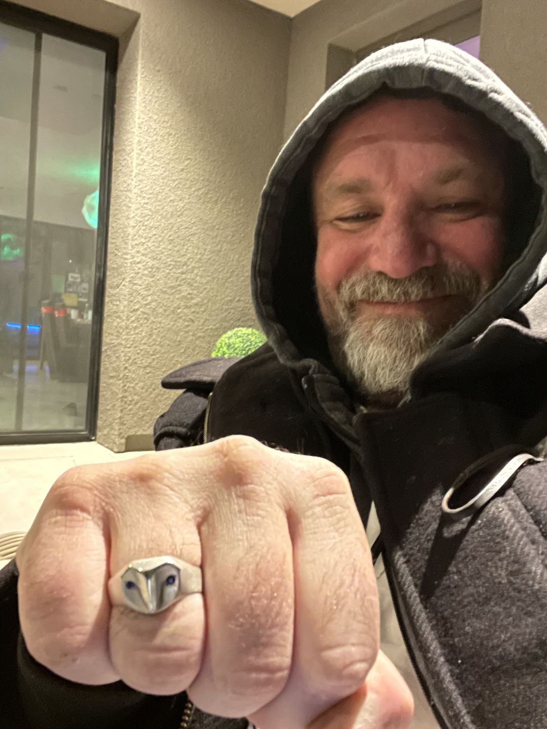 Customer photo review of Owl Ring with Sapphire Eyes