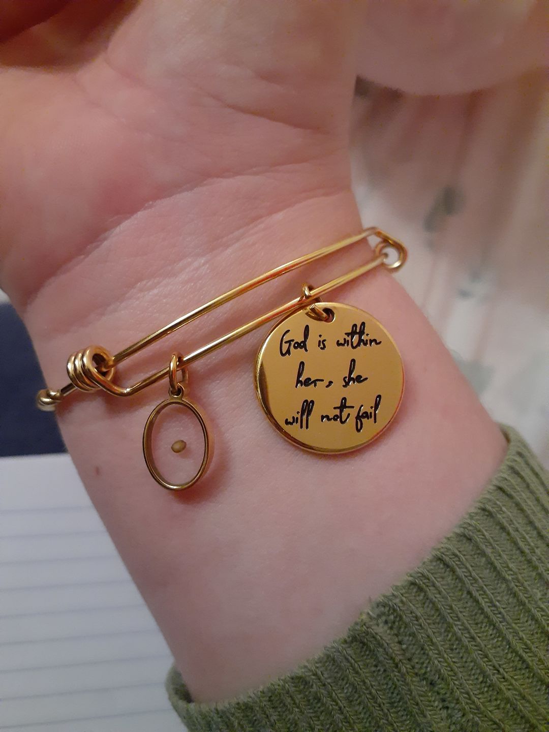 Customer photo review of God is Within Her, She Will Not Fail Bracelet