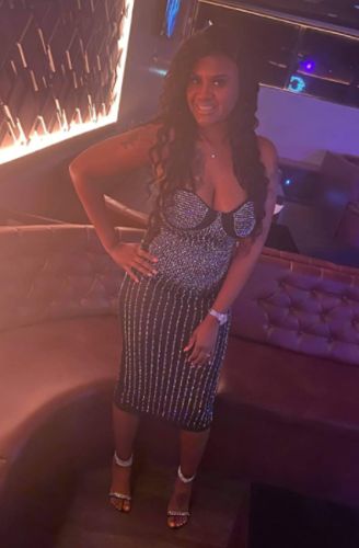 Customer photo review of Rhinestones Pretty See-Through Midi Dress