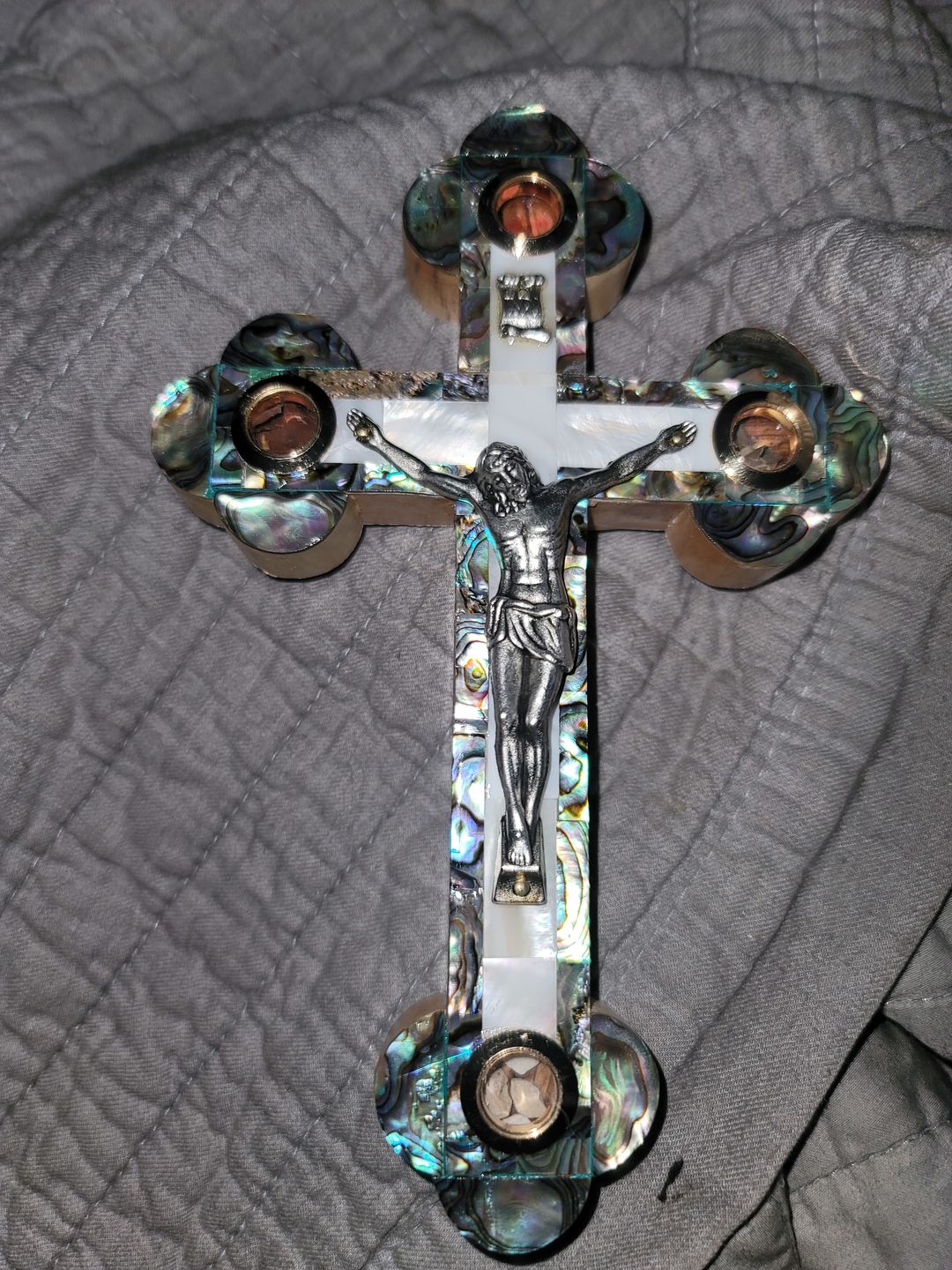 Customer photo review of Olive Wood Crucifix (Fully covered with Mother of Pearl) - Holy Land Crucifixes