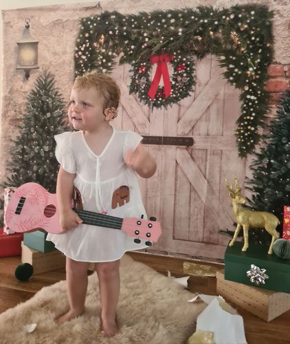 Customer photo review of Kate Christmas Backdrop Brick Wall Door & Xmas Trees Designed By JS Photography