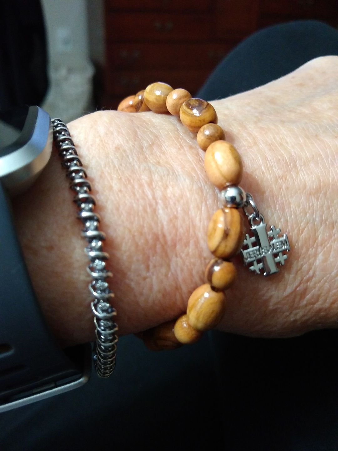 Customer photo review of Olive Wood Beads Bracelet with Pendant - Holy Land Bracelets