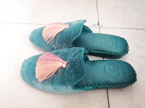 Customer photo review of Women Classic Handmade Velvet Slippers - Peacock Blue