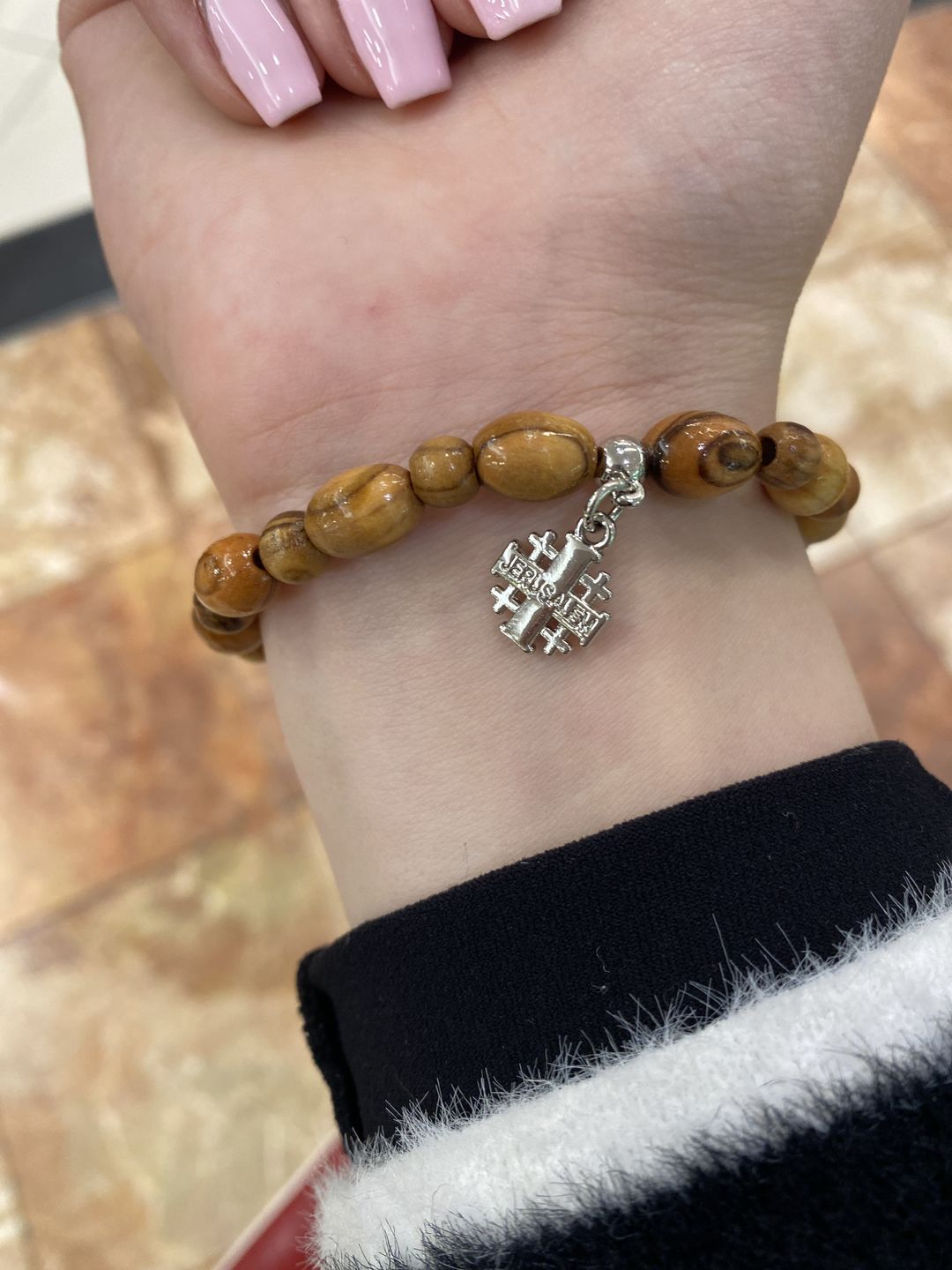 Customer photo review of Olive Wood Beads Bracelet with Pendant - Holy Land Bracelets