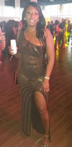 Customer photo review of Rhinestone One Shoulder Glittery Split Maxi Dress