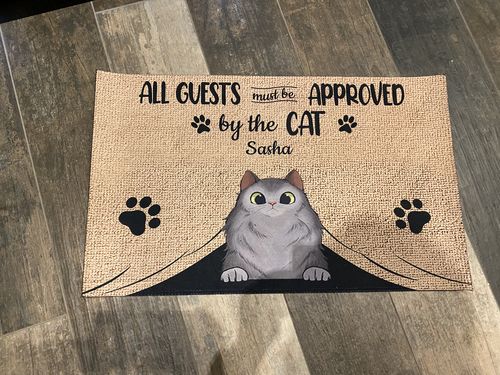 Customer photo review of All Guests Must Be Approved By The Cat Custom Doormat