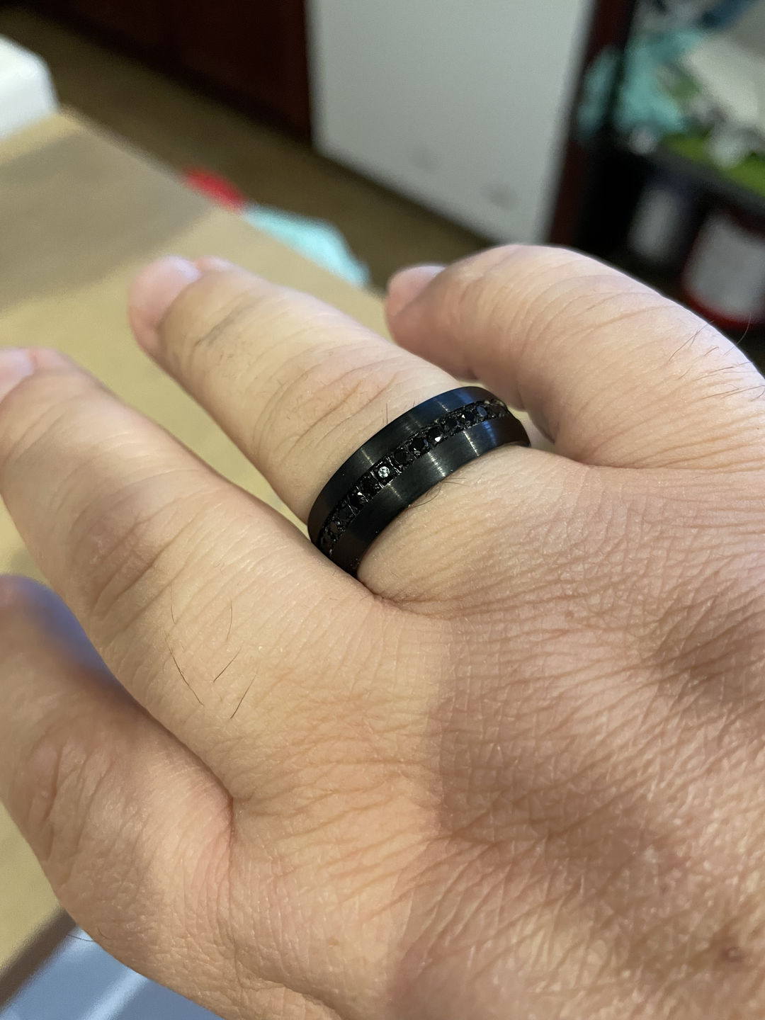 Customer photo review of 8mm Black Tungsten Wedding Band with Black Sapphires