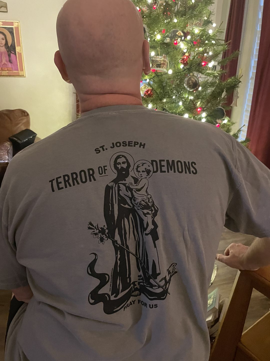 Customer photo review of Saint Joseph - Terror of Demons Heavyweight Garment Dyed Tee