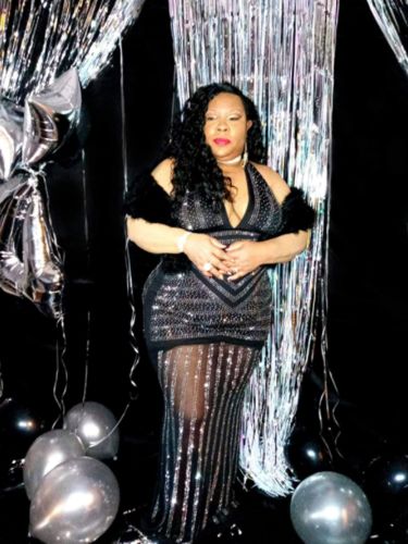 Customer photo review of Rhinestones Patchwork Feminine Backless See-Through Maxi Dress