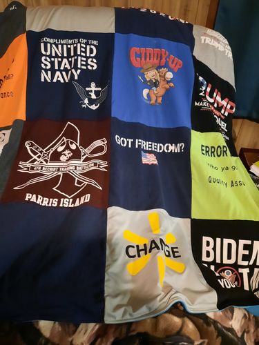 T-shirt quilt with military, politics themes by Dora from AR
