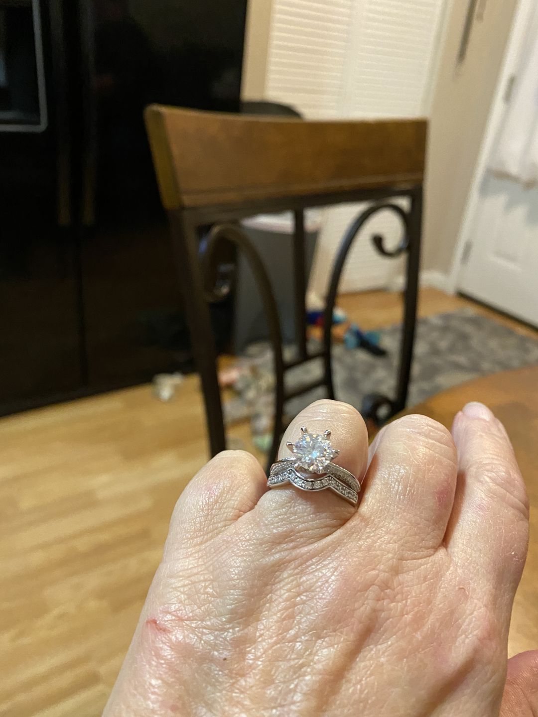 Customer photo review of Knife Edge Pave Moissanite Sterling Silver Engagement Ring