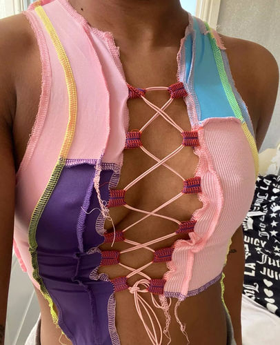 Customer photo review of Pretty in Pastel Lace Up Top