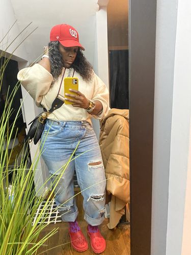 Customer photo review of High Waist Premium Crossover Jeans