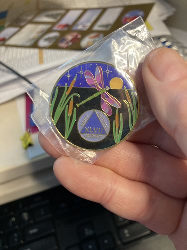 Customer photo review of 1 to 60 Year Dragonfly 9th Step Specialty AA Recovery Medallion - Tri-Plated Chip/Coin