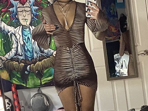 Customer photo review of See through V neck flared sleeve multicolor dress