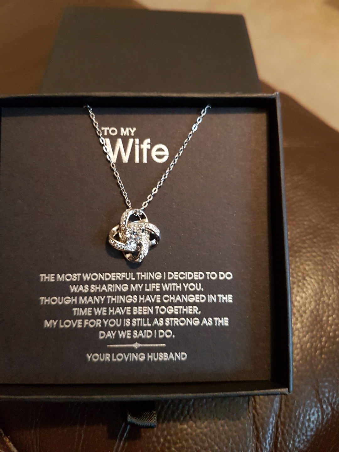 Customer photo review of To My Wonderful Wife Silver Love knot necklace