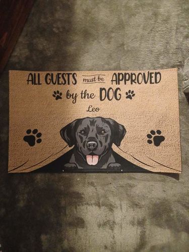Customer photo review of All Guests Must Be Approved By The Dog Custom Doormat
