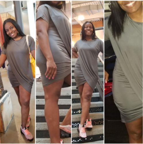 Customer photo review of Fashion Casual Solid Asymmetrical O Neck Short Sleeve Dress