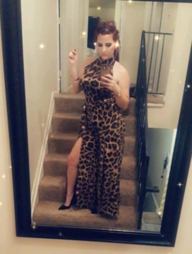 Customer photo review of Sexy Print Leopard Bandage Split Joint Slit O Neck Straight Jumpsuits