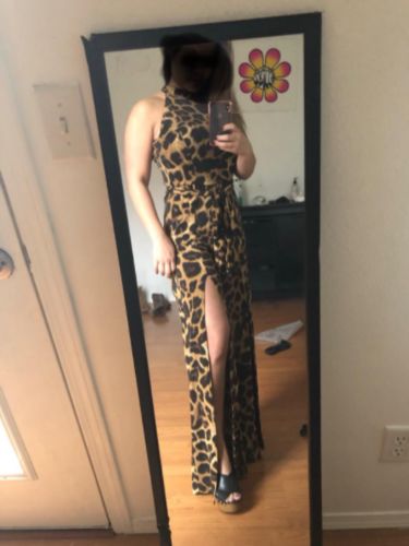 Customer photo review of Sexy Print Leopard Bandage Split Joint Slit O Neck Straight Jumpsuits