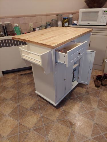 Customer photo review of Rolling Kitchen Island Cart with Storage & Drop-Leaf Rubber Wood Tabletop, Lockable Wheels, Trolley Cart Utility Cabinet, Towel Rack, Spice Rack(White)