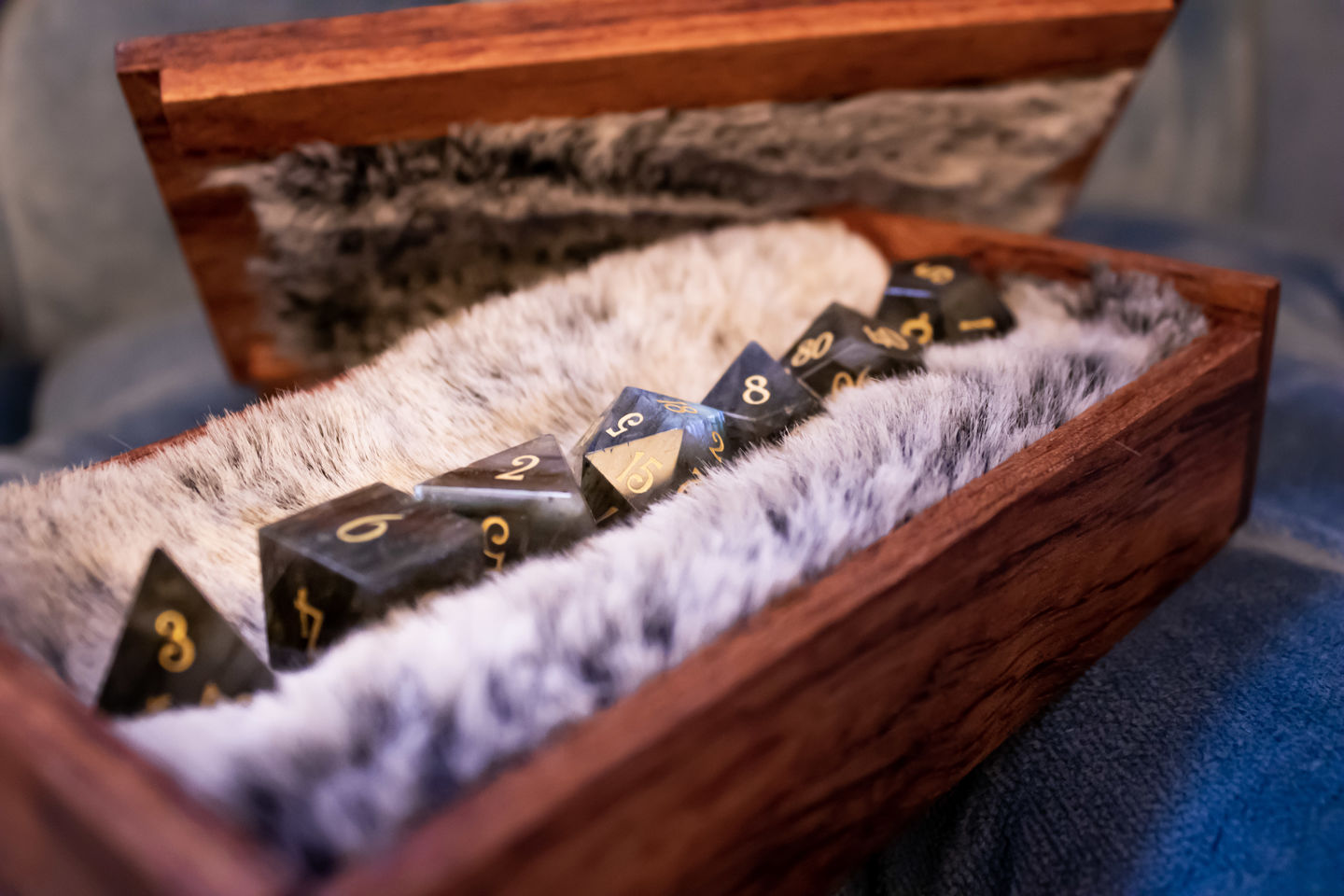 Customer photo review of URWizards D&D Labradorite Gemstone Engraved Dice Set