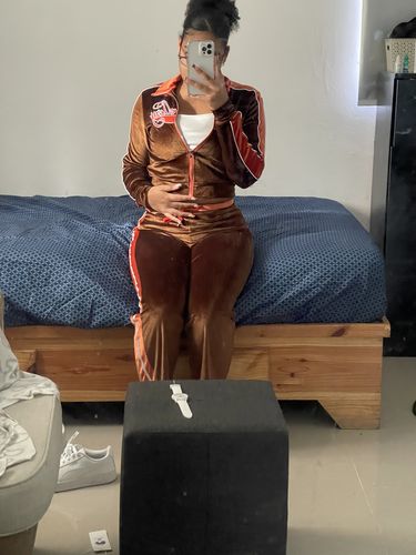 Customer photo review of Zip-up letter embroidered high neck pant set