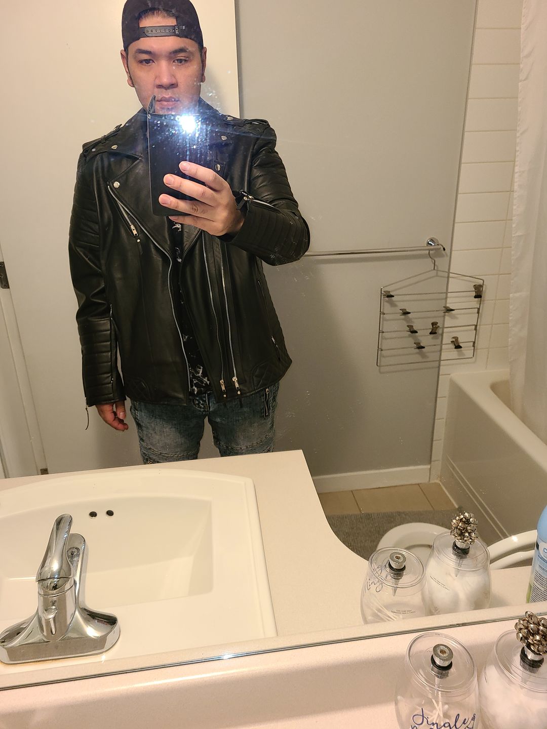 Customer photo review of New Men's Genuine Leather Jacket Black Slim fit Biker Motorcycle jacket