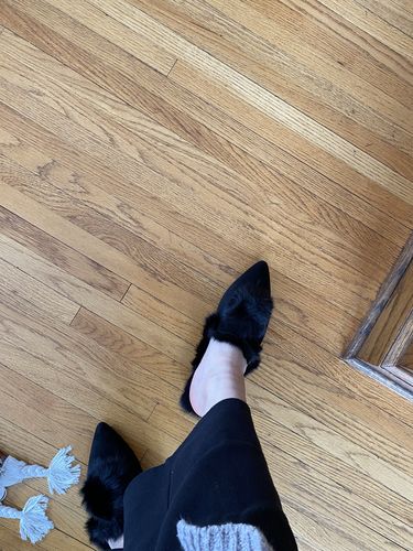 Customer photo review of Pointed Toe Backless Pompom Slippers Mules