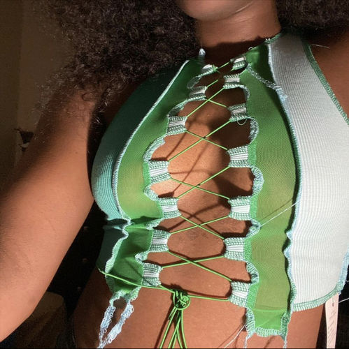 Customer photo review of Sleeveless sheer lace up crop top