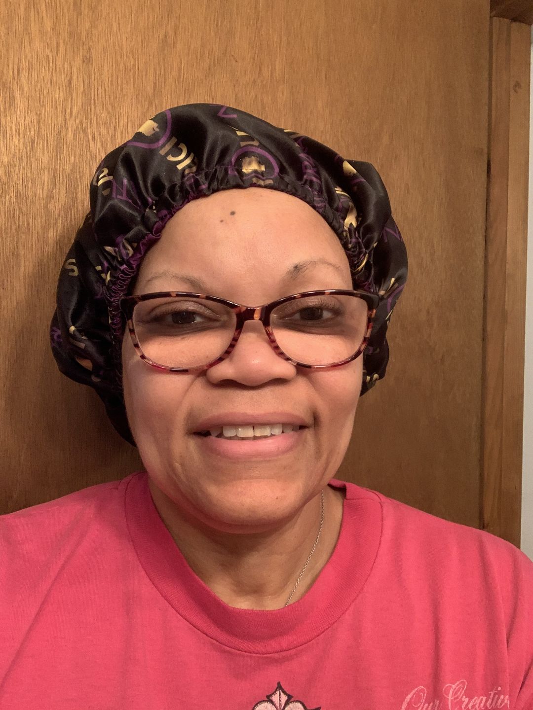 Customer photo review of Reversible Charmeuse Satin Bonnet