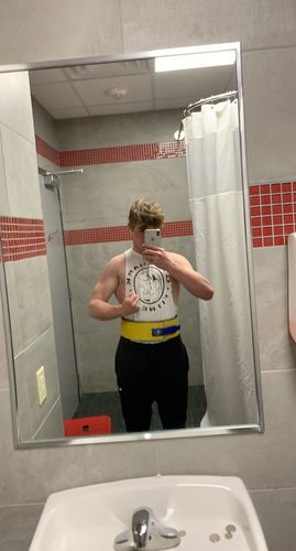 Customer photo review of PR Powerlifting 13mm Belt w/ Lever Buckle - Blue/Yellow