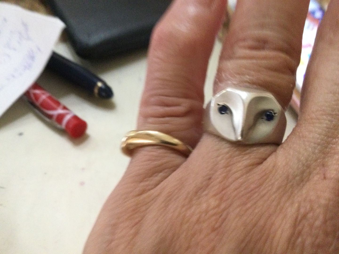 Customer photo review of Owl Ring with Sapphire Eyes