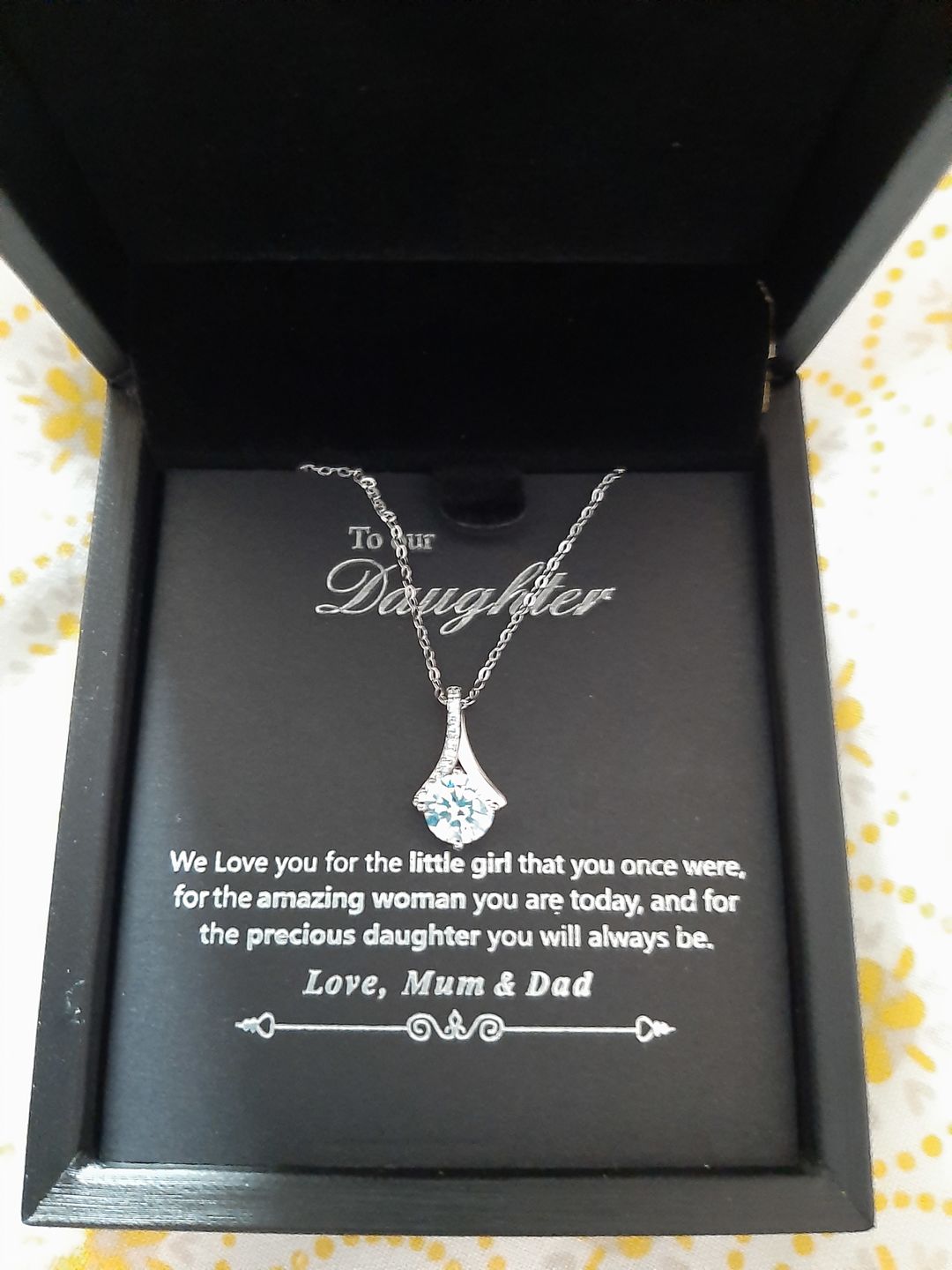 Customer photo review of "TO OUR DAUGHTER, LOVE MUM & DAD" WHITE GOLD NECKLACE
