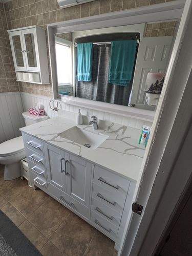 Customer photo review of BLISS- 48" Gloss White, Mirror With Wood Frame and Bottom Shelf