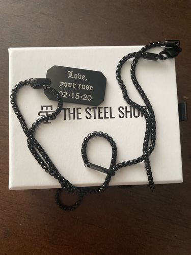 Customer photo review of Matte Steel Modern Dog Tag Engravable Pendant