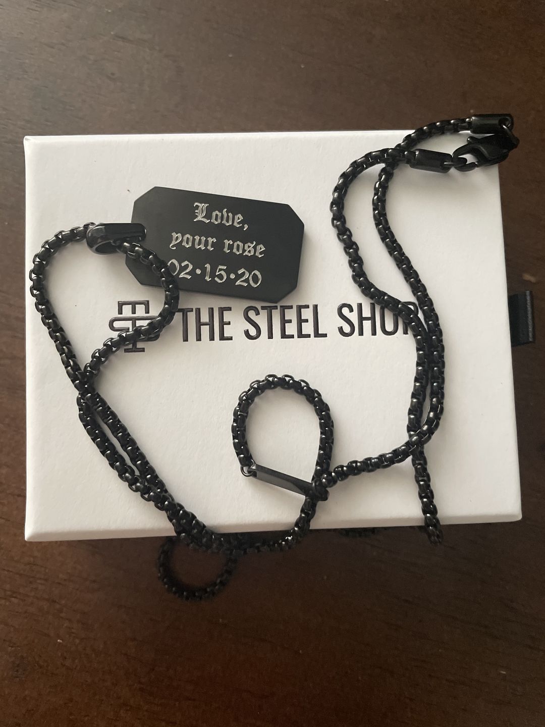 Customer photo review of Matte Steel Modern Dog Tag Engravable Pendant