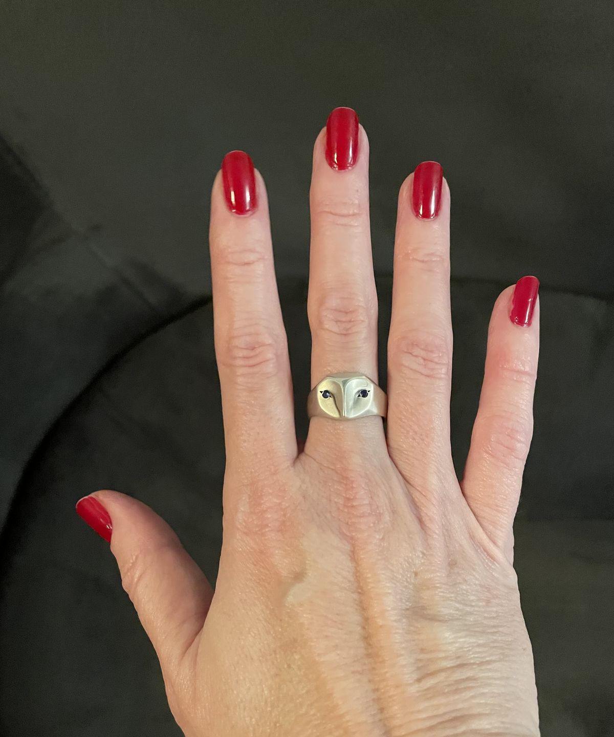 Customer photo review of Owl Ring with Sapphire Eyes