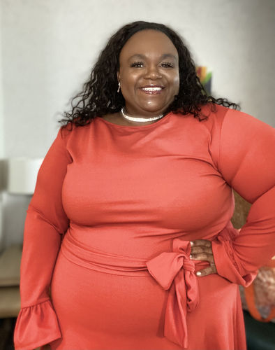 Customer photo review of Rebdolls "Special Edition" Bell Sleeve Ruffled Tie Front Mini Dress - Rust Red