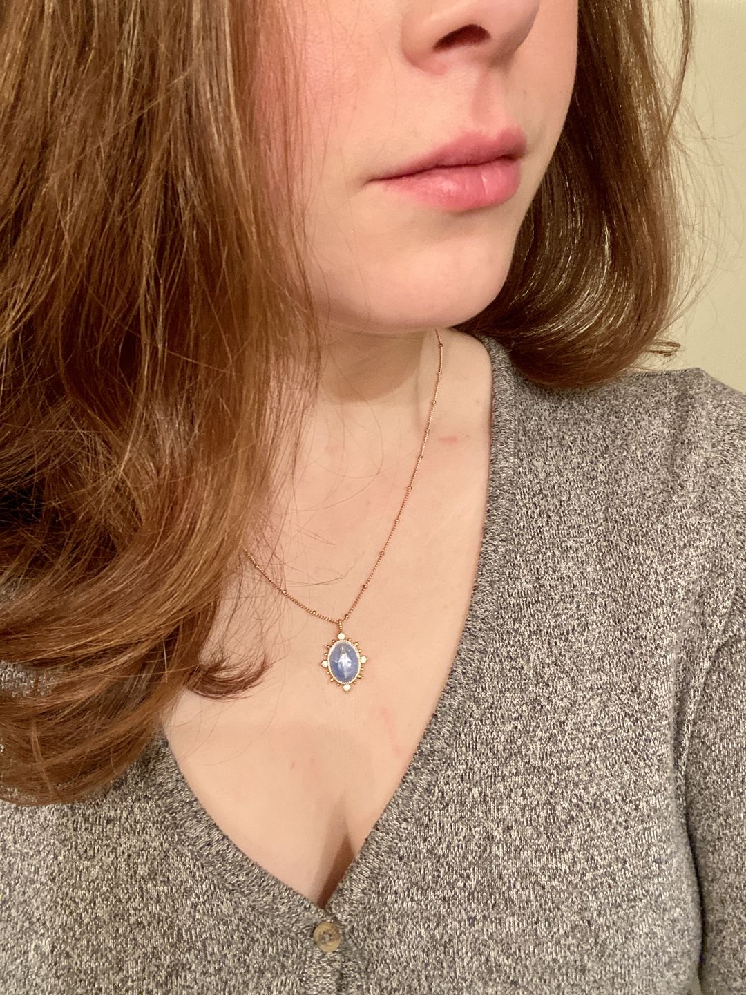 Customer photo review of Lady Lourdes Pendant in French Blue
