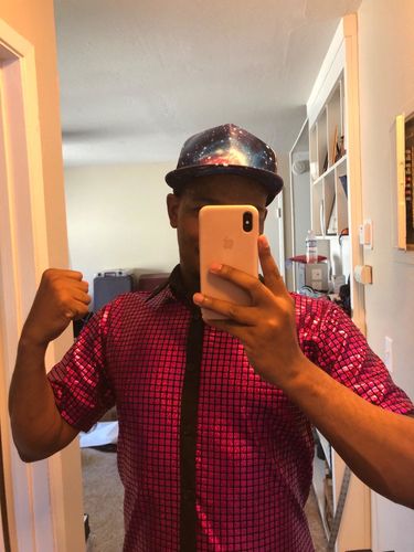 Customer photo review of Men's Dress Shirt Sequins Button Down Shirts Disco Party Costume