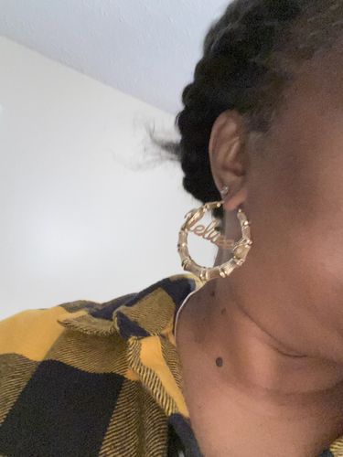 Customer photo review of Bamboo Cursive Name Earrings