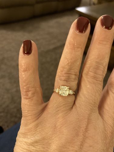 Customer photo review of Yellow Gold 1.5 Carat Cushion Cut Three Stone Engagement Ring In Sterling Silver