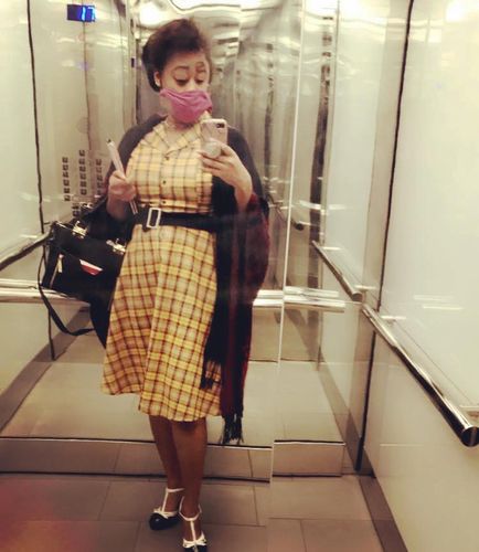 Customer photo review of Mustard 1950s Plaid Belt Swing Dress