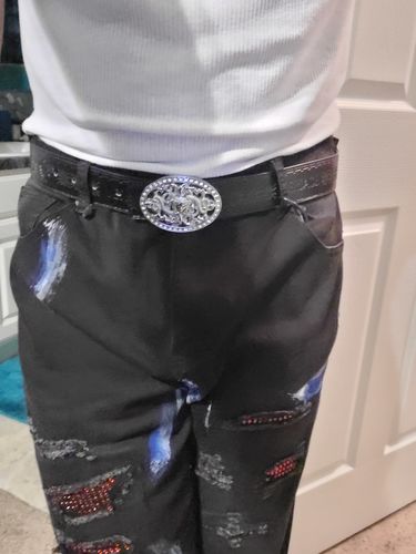Customer photo review of Destroyed Rhinestone Backin Skinny Fit Denim Black Wash (M5000D)
