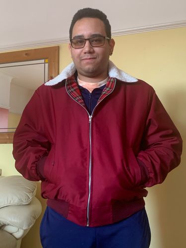 Customer photo review of Mens Harrington Jacket with White Sherpa Collar - Burgundy