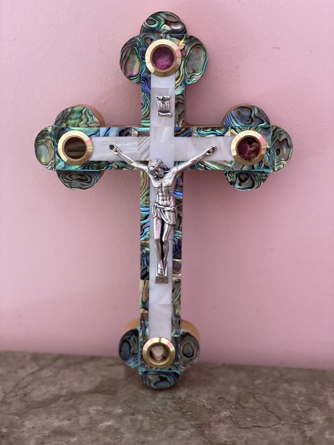Customer photo review of Olive Wood Crucifix (Fully covered with Mother of Pearl)