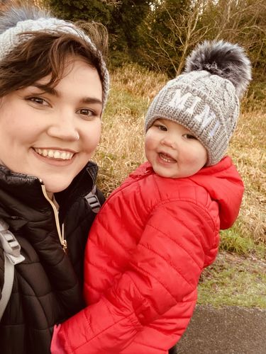 Customer photo review of Mama & Mini Matching Cable Knit Pom Beanie Hats Grey (MRK X)