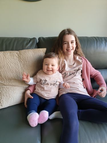 Customer photo review of Big Sister & Little Sister Heather Peach Script T-Shirts (MRK X)